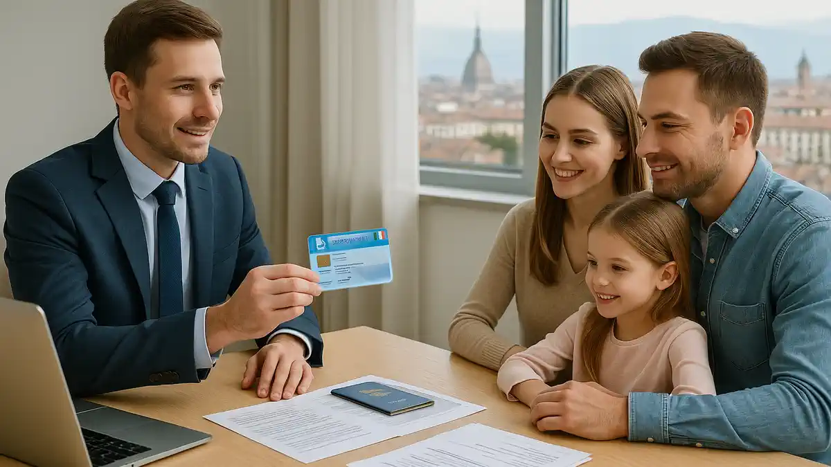 Русскоязычный консультант помогает семье оформить медицинскую карту в офисе здравоохранения в Турине