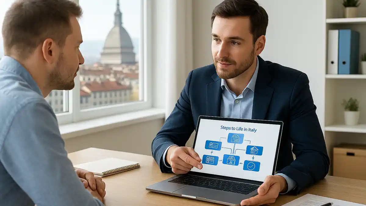 Русскоязычный консультант и клиент обсуждают вопросы жизни и документов в Италии в офисе в Турине Современный светлый офис в Турине, за столом сидят русскоязычный консультант и клиент, на столе документы, ноутбук и блокнот с пометками по Италии, через окно виден городской пейзаж, спокойная деловая атмосфера