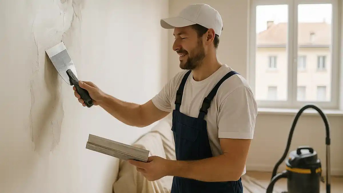 Шпаклёвка стен в Турине русскоговорящие мастера, ровное основание под отделку Светлая комната в Турине; мастер выводит плоскость широкой шпатулой, укрыты пол и мебель; подготовка под покраску