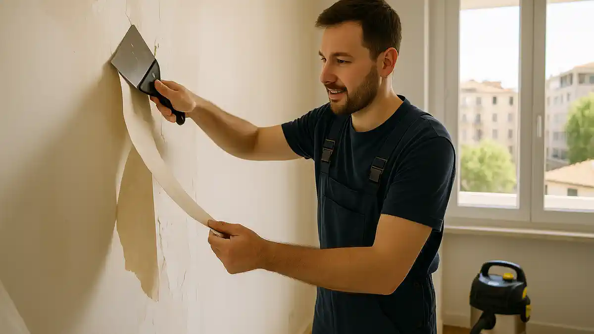 Снятие обоев и старых покрытий в Турине — чистый демонтаж и подготовка под отделку Светлая комната в Турине; мастер аккуратно снимает обои, пылеудаление и укрытие мебели; готовность к отделке.