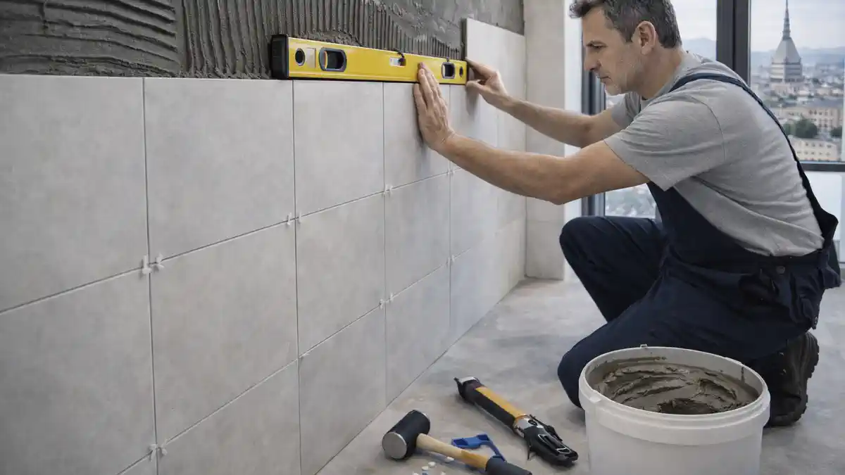 Ремонт ванной в Турине: мастер укладывает плитку и проверяет уровень ремонта ванной в квартире в Турине: мастер аккуратно укладывает плитку на стену