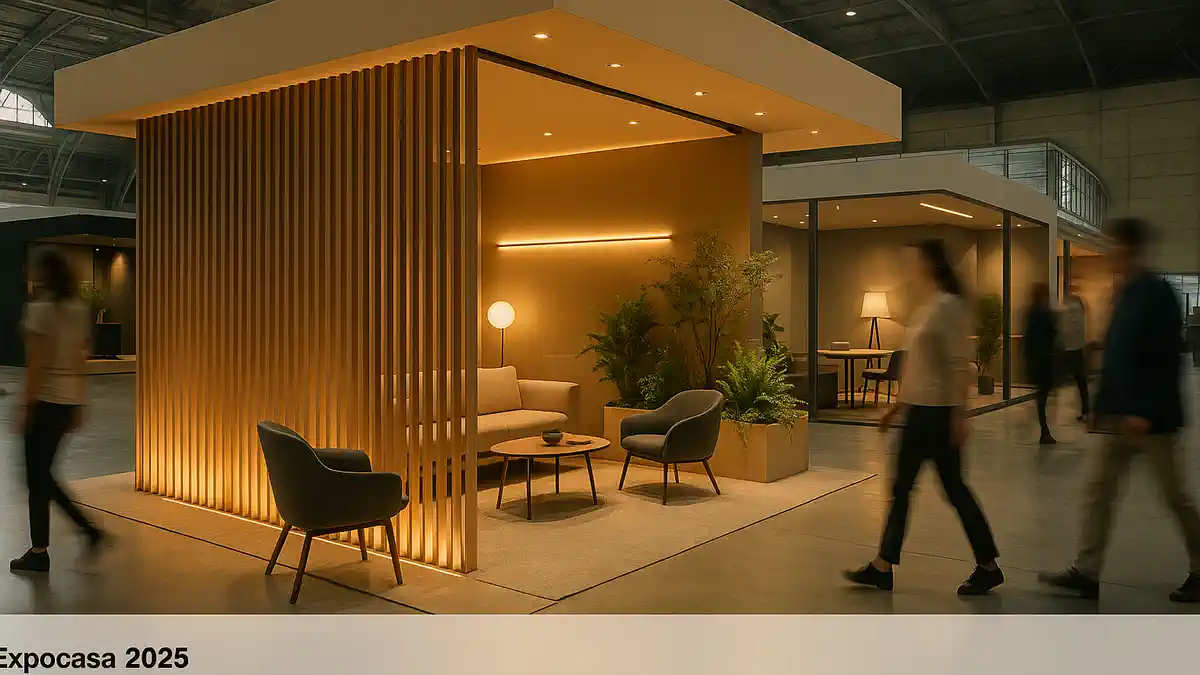 Expocasa 2025 в Lingotto идеи для дома Светлый стенд Expocasa в Oval Lingotto, акцент на свет и зелень, современная мебель, видны зоны Luce e Casa и Il Giardino