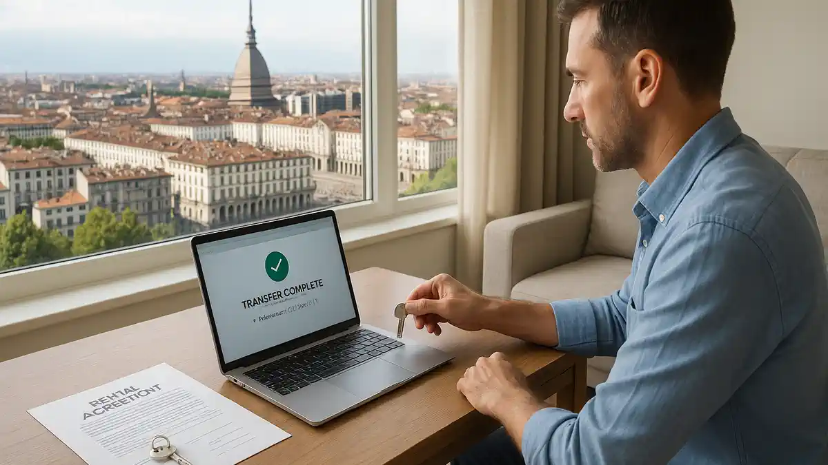 Фиксированные выплаты при аренде в Италии Турин хозяин получает перевод на счёт, в окне видно панораму Турина с Моле Антонеллиана и Альпами, атмосфера уверенности и спокойствия