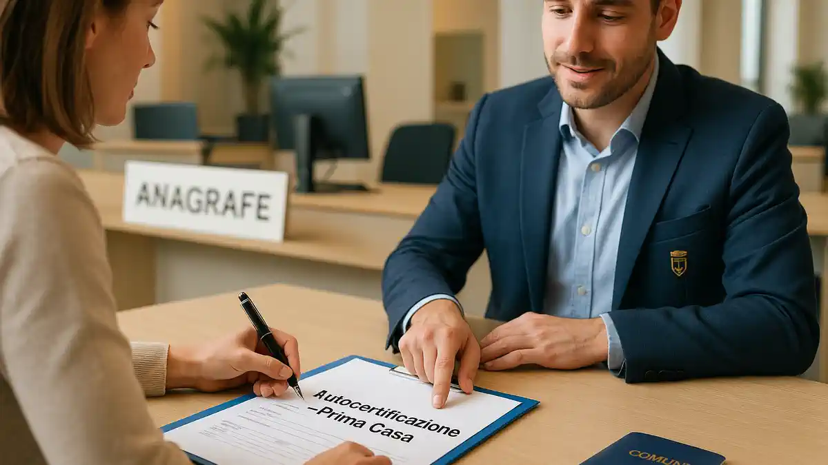 Autocertificazione для «prima casa» в Турине Клиент подписывает autocertificazione в офисе коммуны Турина, на столе папка «prima casa» и календарь сроков.