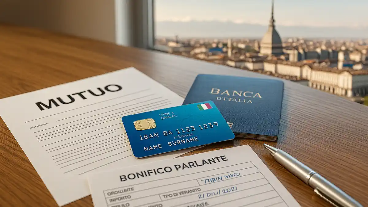 Открытие счёта и ипотеки в Италии Turino-Uslugi Документы mutuo, банковская карта с IBAN и форма bonifico parlante на столе на фоне Турина.