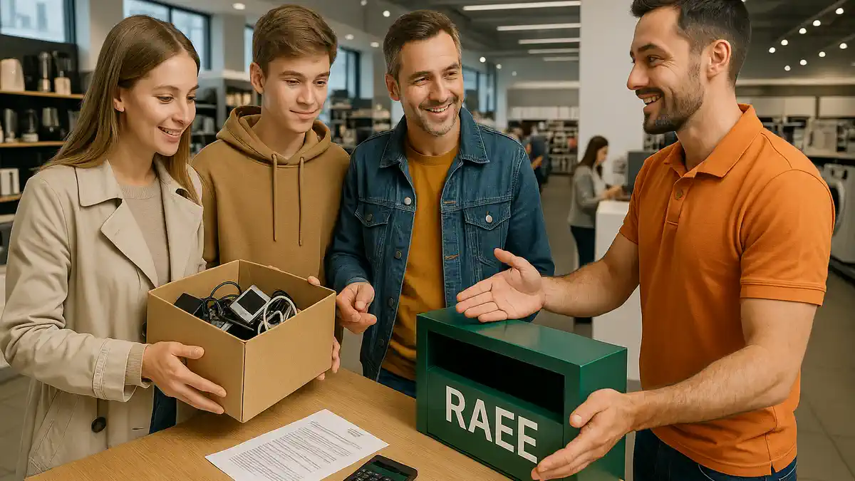 Бесплатная сдача старой техники в магазинах Италии по системе RAEE — права потребителя Русскоязычная семья в Турине приносит коробку со старой техникой в крупный магазин электроники. На фоне видно стойку приёма электронных отходов и полки с новой бытовой техникой. Атмосфера спокойная и уверенная, сотрудники магазина принимают мелкие приборы для переработки