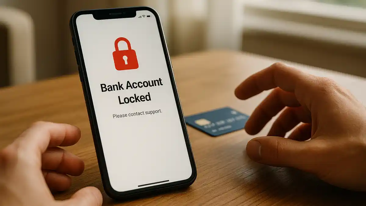 Блокировка банковского счёта в Италии — смартфон с уведомлением и банковская карта на столе смартфон с уведомлением о заблокированном счёте, банковской карты и ноутбука на современном столе. Итальянская квартира, дневной свет, мягкие тени, атмосфера тревоги