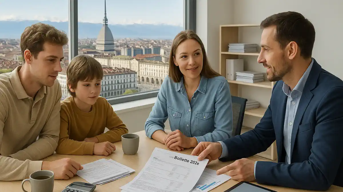 Bollette 2026 в Италии — русскоязычная семья обсуждает счета за свет с консультантом в Турине