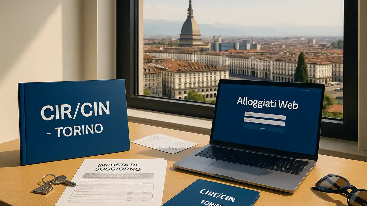 Оформление CIR/CIN в Турине для краткосрочной аренды Стол с документами CIR/CIN, ноутбуком AlloggiatiWeb и кабинетом imposta di soggiorno