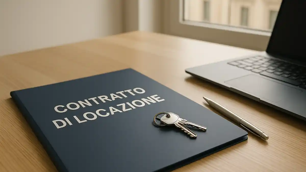 Договор аренды в Турине 4+4, 3+2, transitorio, studenti Папка «Contratto di locazione» на столе, рядом ключи и чек-лист уведомлений