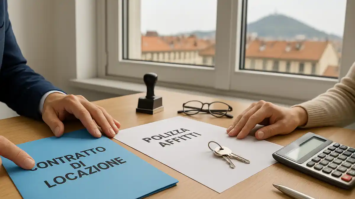 Договор аренды и страховой полис квартиры в Турине с печатью гарантии платежей стол в светлом офисе в Турине, на котором лежат папка с договором аренды, страховой полис квартиры, печать гарантий платежей и ключи от квартиры, рядом калькулятор и очки, в окне видна панорама города.