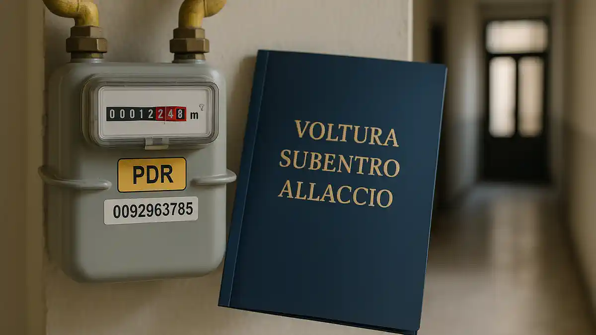 Подключение газа в Турине voltura и subentro Газовый счётчик в подъезде туринского дома с табличкой PDR и папкой Voltura Subentro Allaccio, мягкий дневной свет.