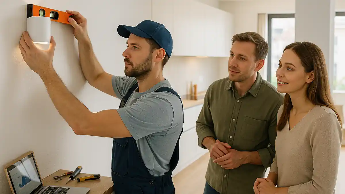 Монтажник в Италии устанавливает оборудование в квартире русскоязычных клиентов в Турине Русскоязычный монтажник в Италии устанавливает бытовое оборудование и освещение в современной квартире в Турине, объясняя детали работы владельцам на русском языке