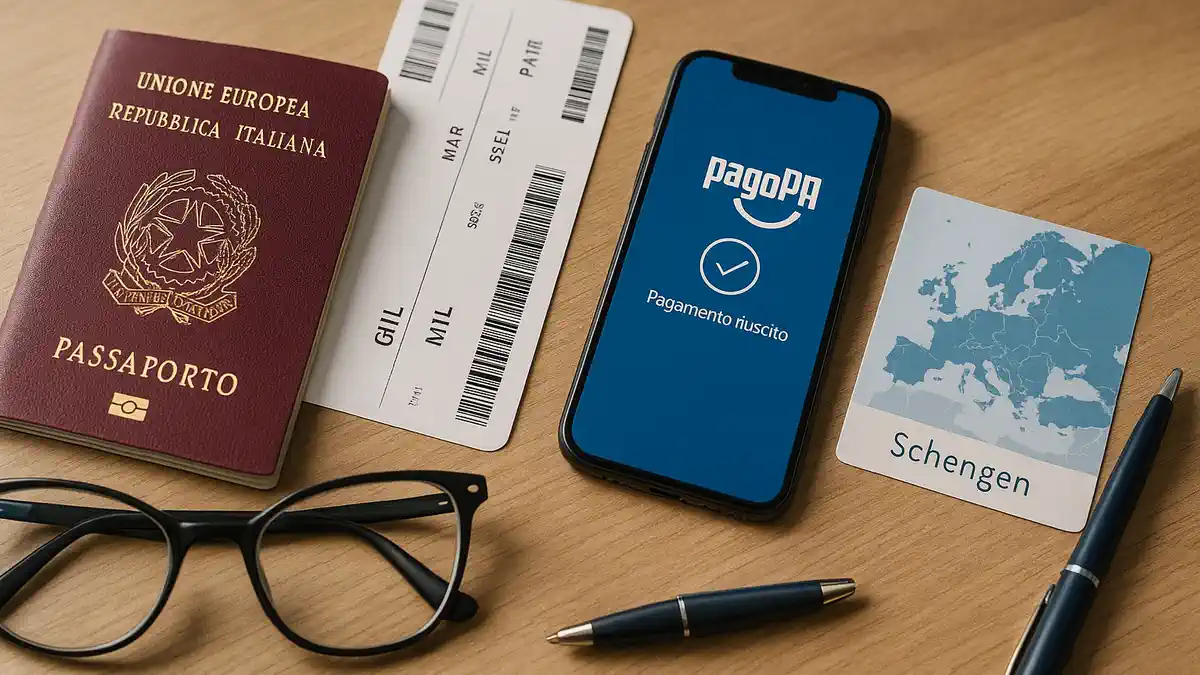 Паспорт Италии, авиабилет и смартфон с оплатой через платформу PagoPA на фоне карты Европы итальянский загранпаспорт рядом с авиабилетом, смартфоном с открытым экраном цифрового платежа PagoPA и небольшой картой Европы, мягкий дневной свет, намёк на поездку в Шенгенскую зону.