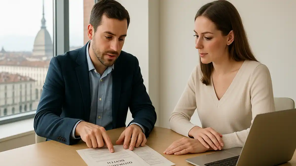 Русскоязычный переводчик итальянского языка сопровождает клиента в Турине русскоязычный переводчик и клиент обсуждают документы на фоне современного офиса в Турине, виден город через панорамное окно.