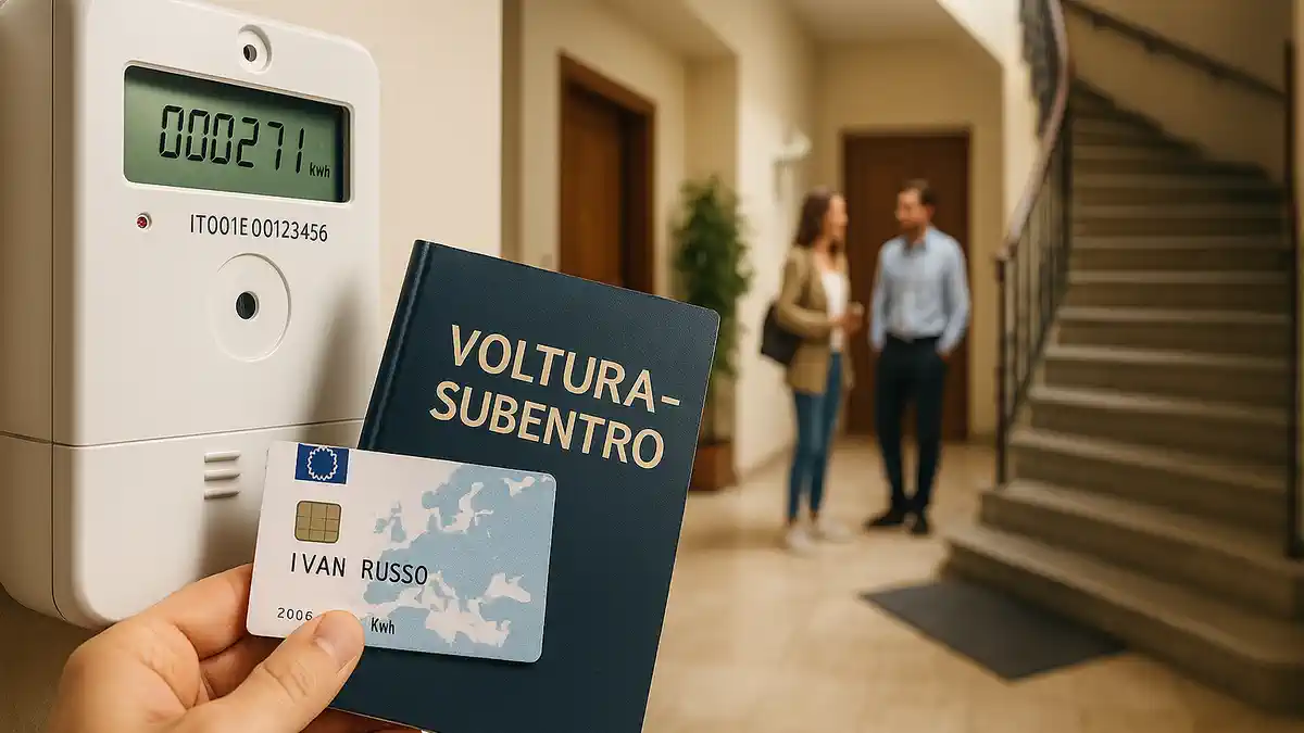 Перевод электроэнергии на ваше имя в Турине Современный счётчик электроэнергии с видимым кодом POD и рука с договором на фоне подъезда туринского дома
