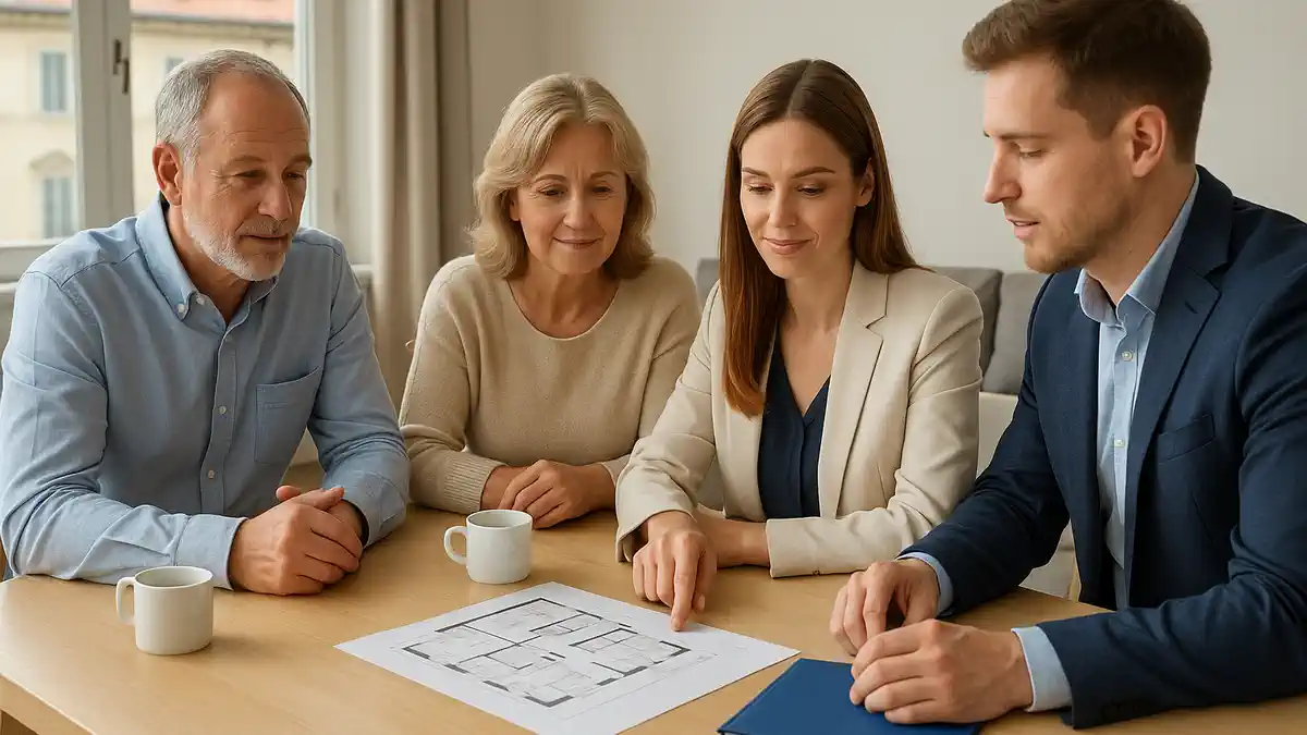 Наследники обсуждают продажу квартиры в Италии вместе с экспертом по недвижимости Светлая гостиная в итальянской квартире, за столом сидит русскоязычная семья и консультант, на столе лежат планы квартиры и документы, спокойная деловая атмосфера.