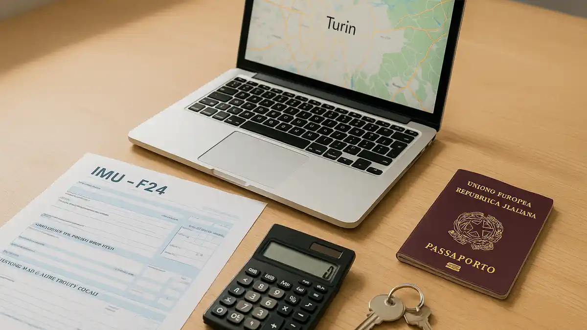 Расчёт IMU и подготовка F24 в Турине и Пьемонте Рабочий стол с документами IMU, открытая форма F24 и карта Турина - визуал услуги по налогу на недвижимость.
