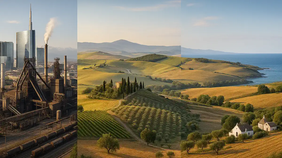 Отличия ментальности итальянцев по регионам: Север, Центр, Юг Фотореалистичный коллаж трёх зон Италии: северный индустриальный город, центральный тосканский пейзаж, южный аграрный берег. Атмосфера отличий, чистый свет, без лиц