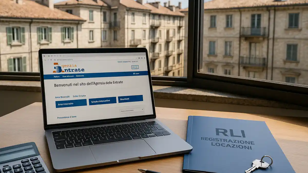 Регистрация договора аренды RLI и выбор cedolare secca в Турине Экран ноутбука с порталом Agenzia delle Entrate, рядом договор «Contratto di locazione», ключи и печать визуал услуги регистрации