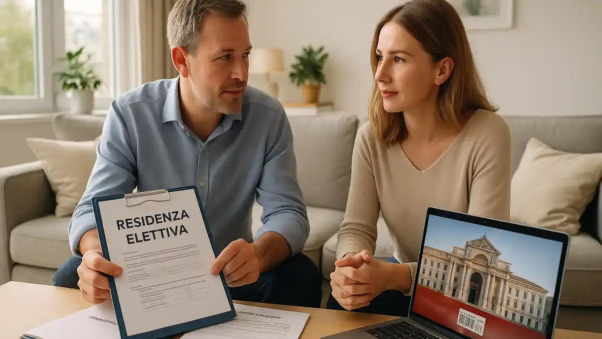 Виза элективного проживания в Италии 2025 полный гайд Семейная пара в светлой квартире в Турине рассматривает документы на residenza elettiva, на столе страховка и договор аренды