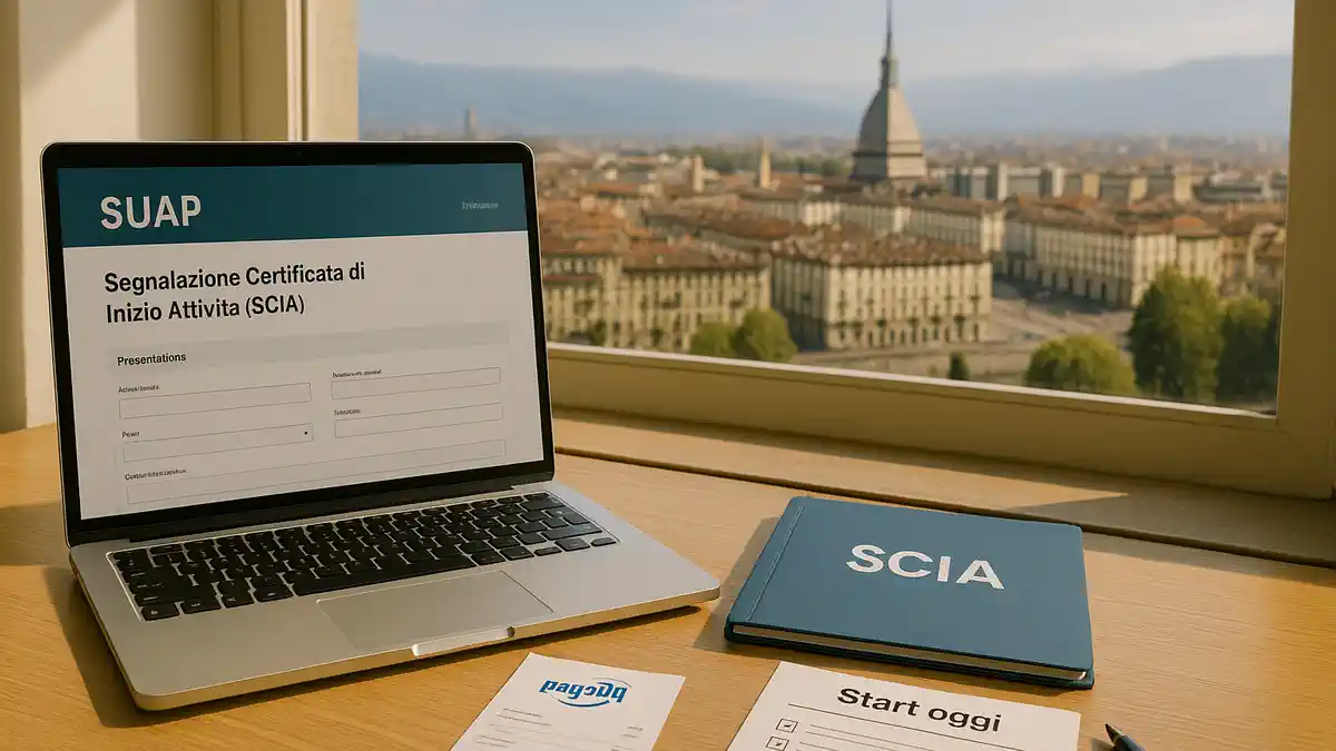 SCIA через SUAP для запуска краткой сдачи в Турине Ноутбук с порталом SUAP, рядом папка «SCIA», квитанция пошлины и чек-лист запуска, вид на центр Турина