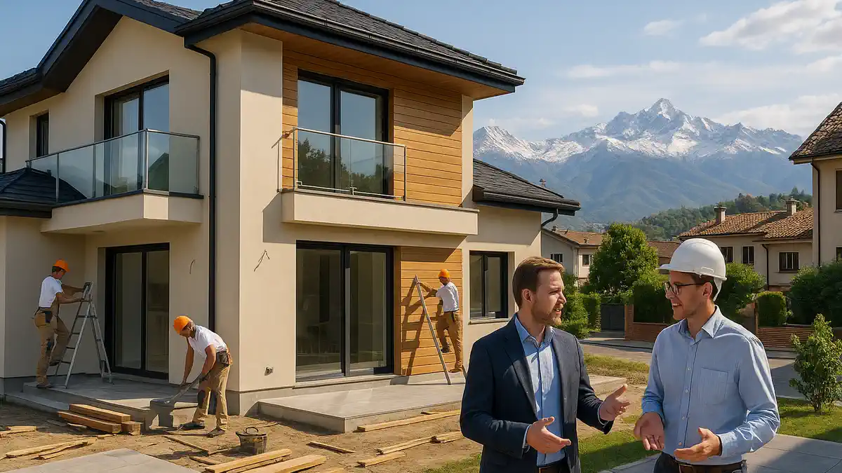 Строительство дома в Италии под ключ в Турине и Пьемонте Фотореалистичный вид современного дома в Турине с горным пейзажем Пьемонта на заднем плане, солнечный день, строители завершают отделку фасада, рядом обсуждают проект русскоязычный клиент и инженер.