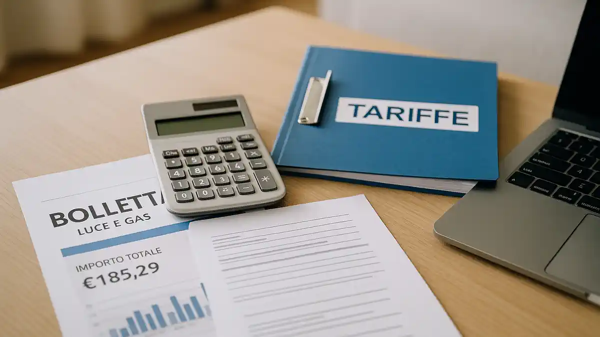 Документы, счет за свет, калькулятор, папка тарифов и ноутбук Фотореалистичное изображение документов, bolletta, калькулятора и тарифных папок на светлом столе.