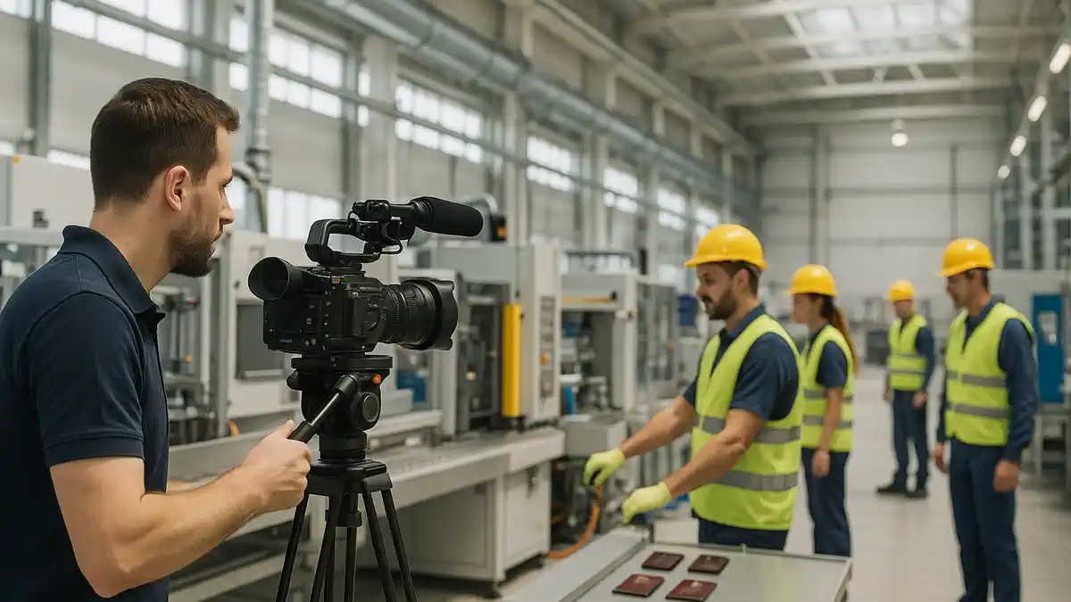 Профессиональный видеооператор в Италии снимает промышленный объект Профессиональный видеооператор в каске и жилете снимает работу завода в Италии, на фоне видны цех, оборудование и сотрудники, деловая атмосфера съемочного дня.