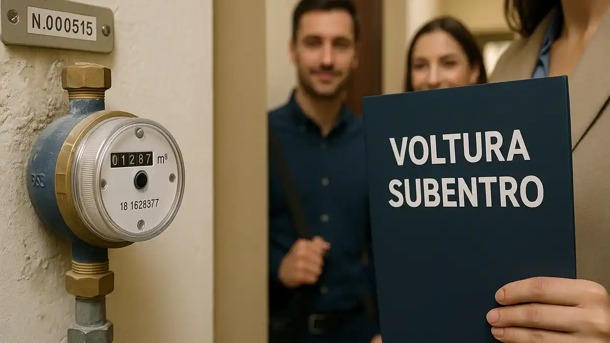 Перевод воды на ваше имя в Турине Современный водяной счётчик с видимым номером и папка «Voltura – Subentro», светлый подъезд туринского дома