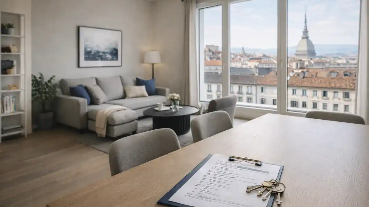 Аудит и подготовка квартиры к сдаче в Турине Светлая квартира в Турине после подготовки к сдаче, аккуратный интерьер, на столе чек-лист аудита и ключи, естественный дневной свет.