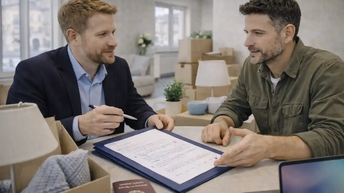 Комплектация квартиры под аренду в Турине - услуги под ключ и быстрый старт Светлый туринский интерьер. На столе план запуска аренды и чек-лист работ, рядом коробки с бытовыми мелочами, на экране ноутбука аккуратная навигация по услугам, мягкий дневной свет.