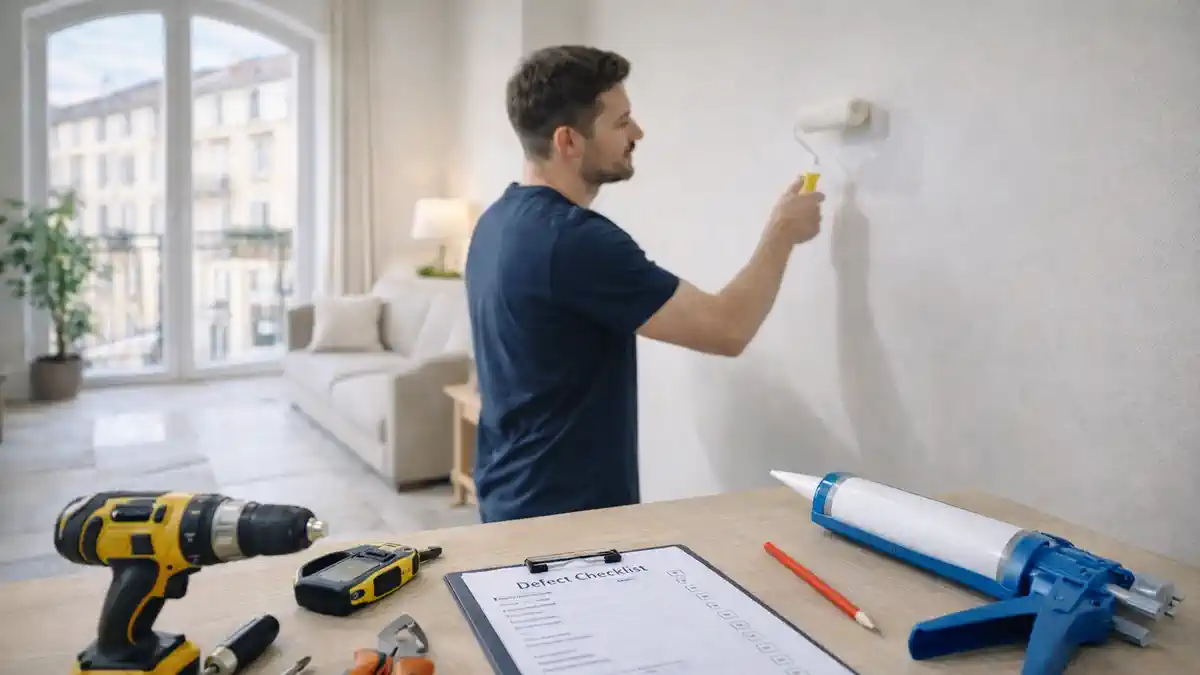 Мелкий ремонт в Турине — косметика, сантехника, электрика — описание: Мастер подкрашивает стену, на столе лежит чек-лист дефектов и набор инструментов.