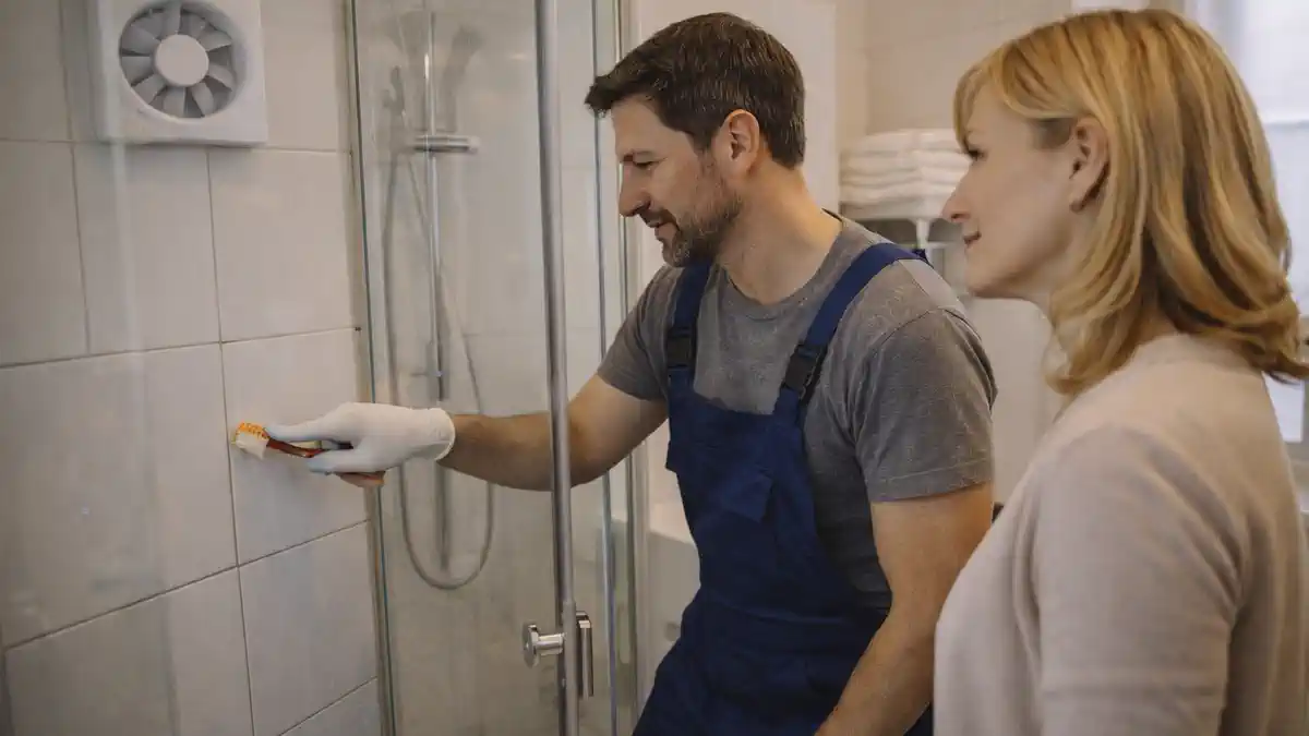 Русскоговорящий мастер в Турине очищает плесень в душе и обновляет силиконовые швы ванной комнатой в итальянской квартире, мастер в защитных перчатках очищает плесень на силиконовых швах душевой кабины и показывает хозяйке, как работает вытяжка