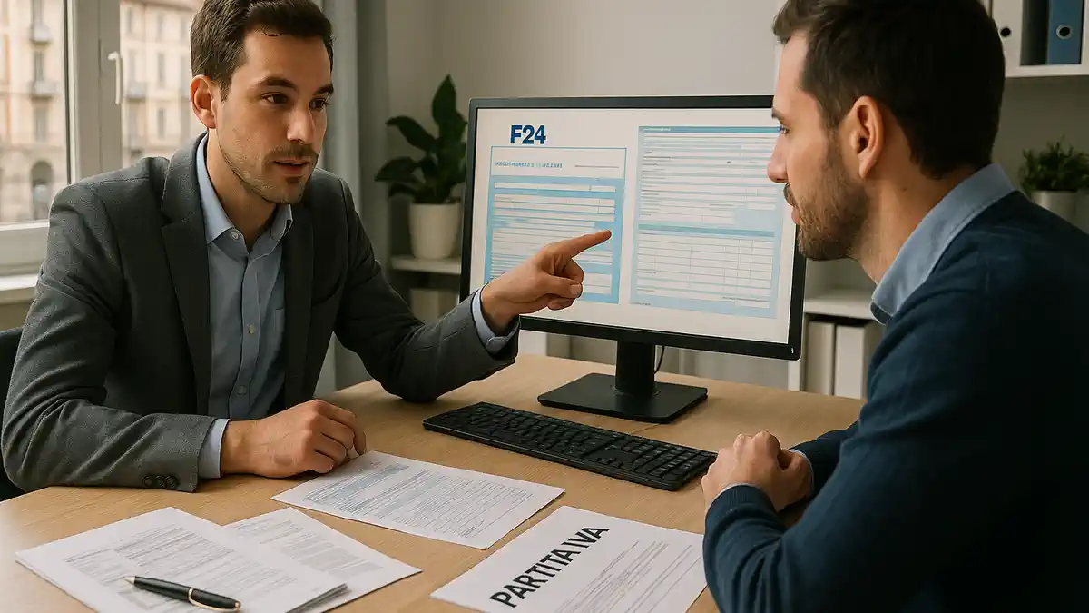 Проверка работы коммерчалиста в Италии — контроль декларации и F24 Фотореалистичное изображение офисной сцены с документами partita IVA и декларацией.