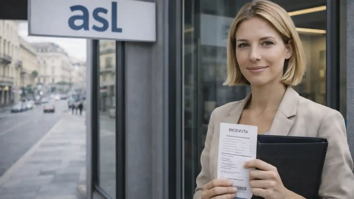 Анализы в Турине без готового ВНЖ: документы и ricevuta для ASL папка с документами без читаемого текста и ricevuta на фоне входа в медицинский центр