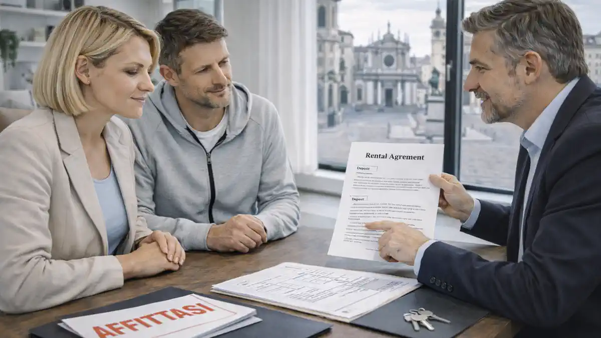 Аренда квартиры в Турине: пара обсуждает договор с консультантом, спокойная деловая атмосфера