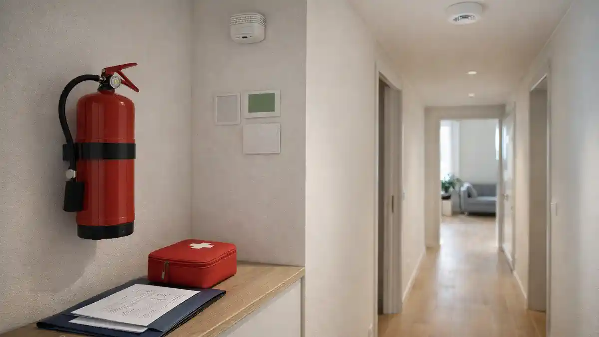 Комплект безопасности квартиры в Турине - датчики, аптечка, огнетушитель и инструкции Современная прихожая туринской квартиры: на стене аккуратно закреплён огнетушитель, на тумбе лежит аптечка и папка квартиры, на потолке виден датчик дыма