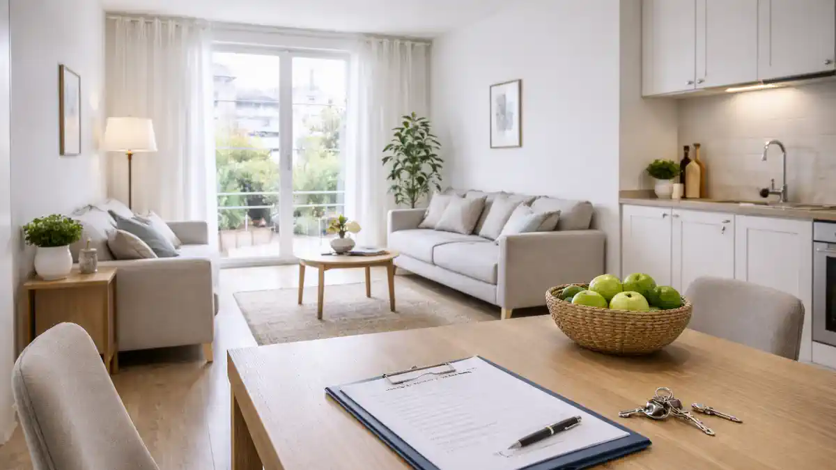 Комплектация квартиры под сдачу в Турине: готовая гостиная и кухня, аккуратный светлый интерьер, все подготовлено к заселению Светлая квартира в Турине после комплектации под аренду: в гостиной диван и стол со стульями, торшер и шторы, на кухне аккуратно расставленная посуда и базовая техника