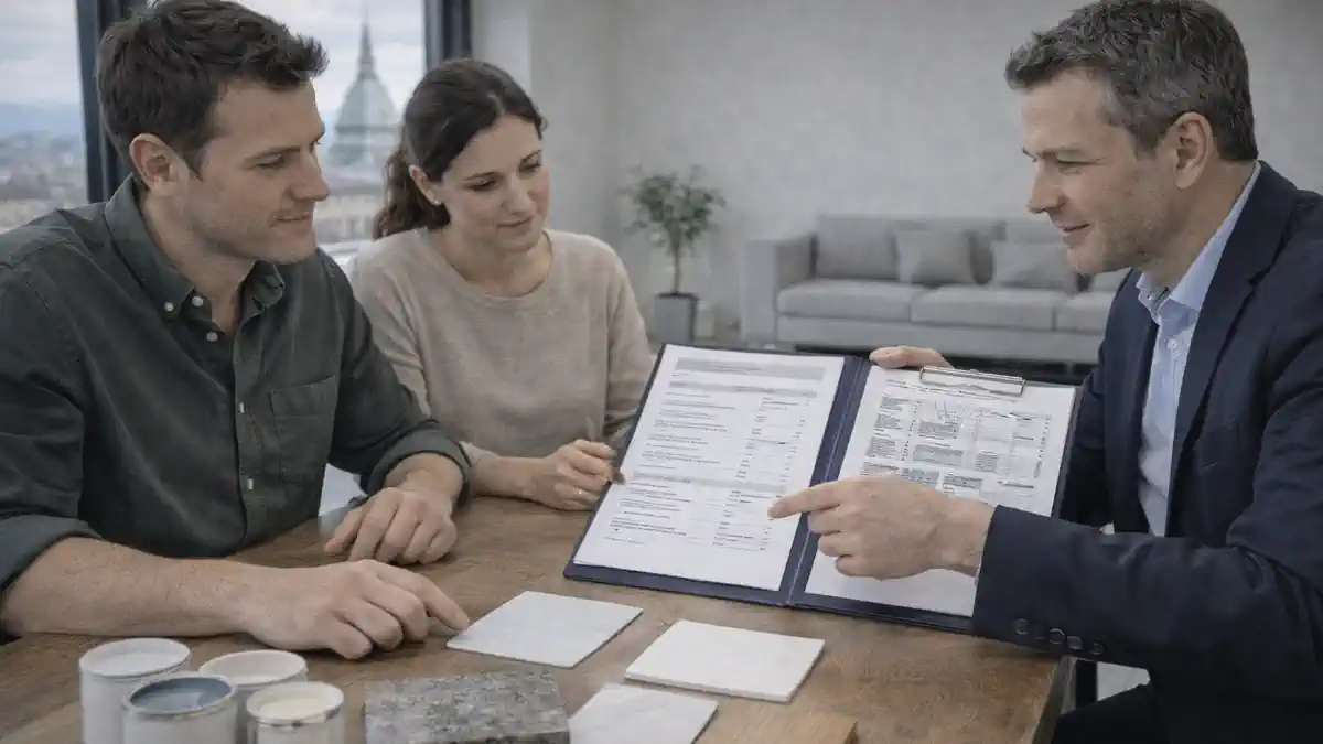 Косметический ремонт в Турине: обсуждение плана обновления квартиры и сметы Консультант и владельцы квартиры обсуждают косметический ремонт и сроки в офисе в Турине