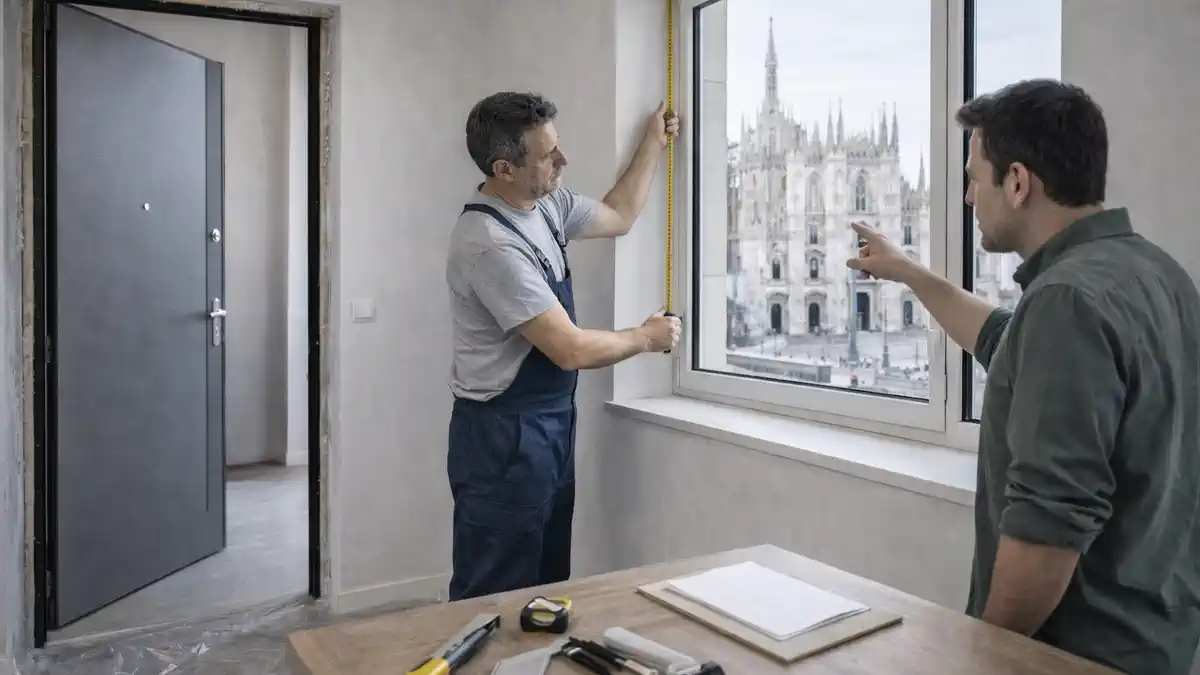 Окна и двери в Милане: замер и установка, аккуратный монтаж, чистый результат замера окна и входной двери в миланской квартире: мастер делает замер