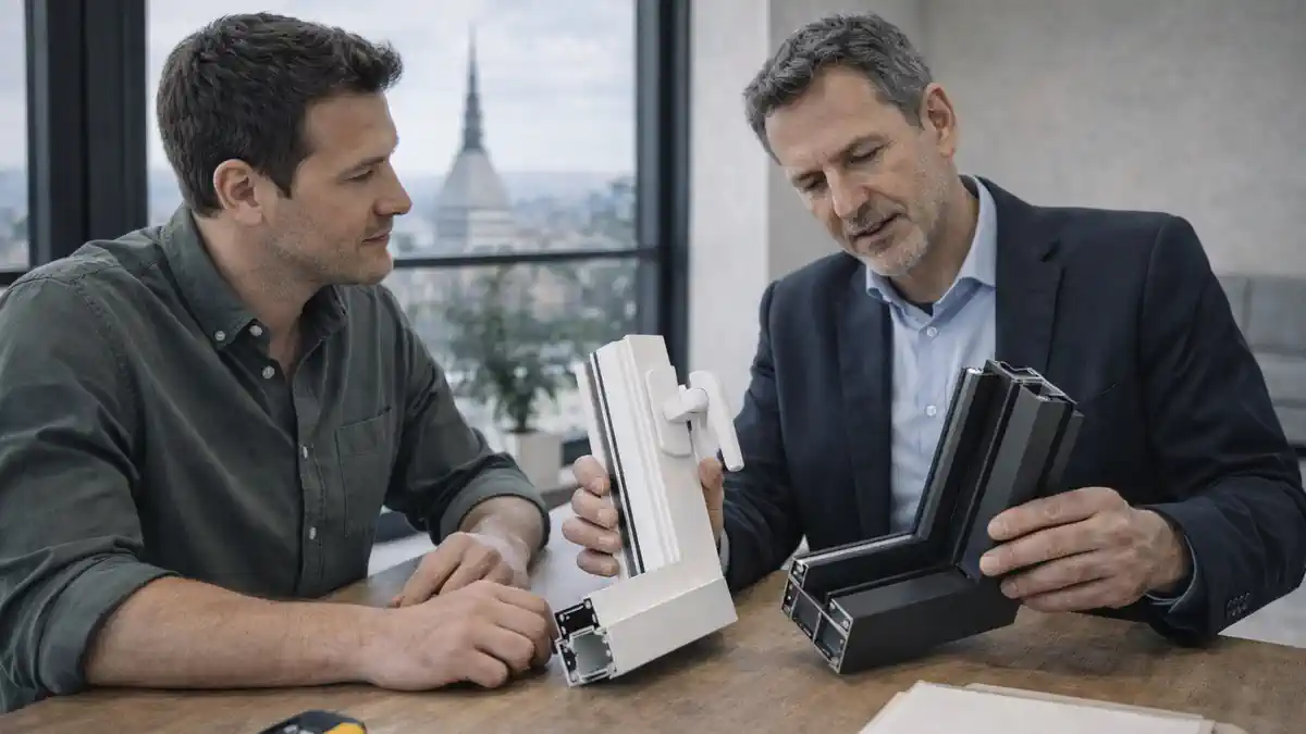 Окна и двери в Турине, мастер показывает образцы профилей и фурнитуры, расчет по фото
Светлый интерьер, консультант и клиент обсуждают замену окон и дверей, на столе образцы профиля, ручки и уплотнители 