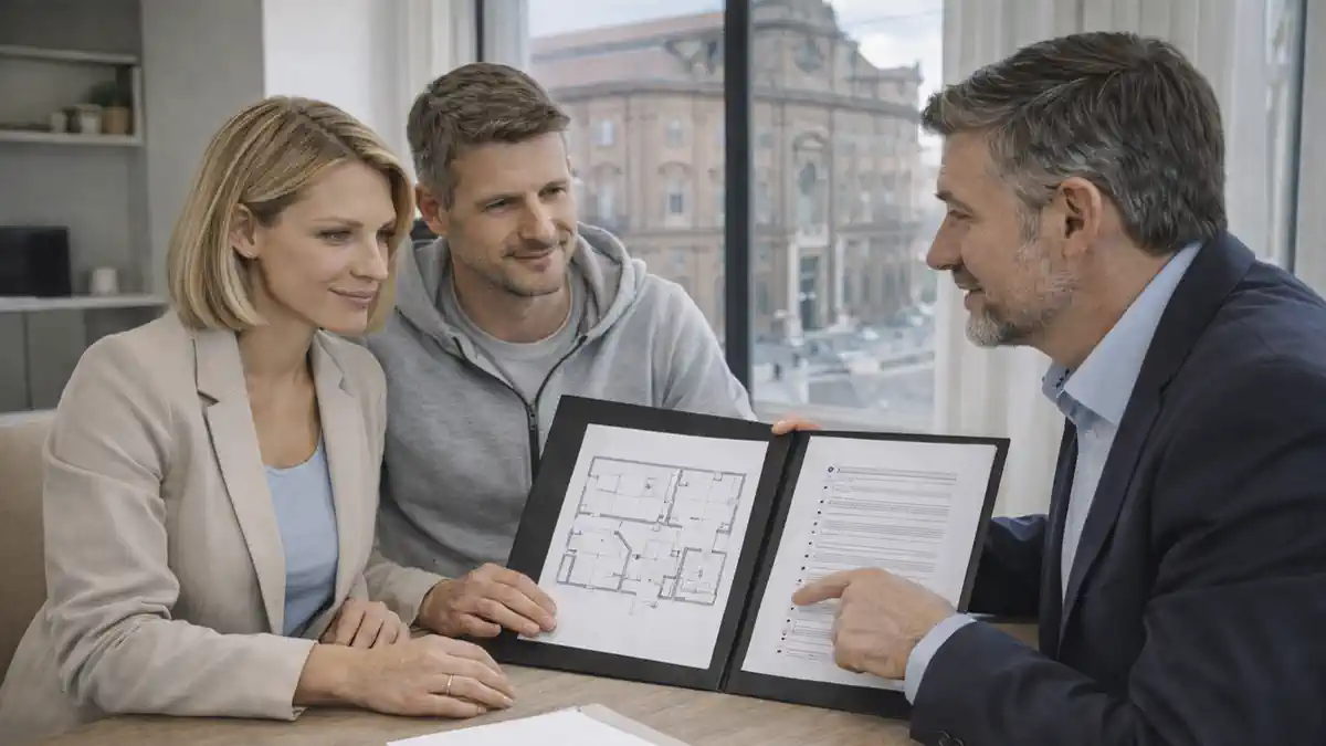 Покупка недвижимости в Турине: пара смотрит квартиру с консультантом, спокойная деловая атмосфера