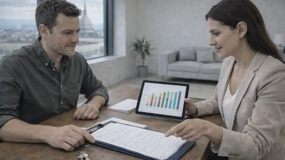 Продажа недвижимости в Турине: собственник обсуждает цену и план показа с консультантом, современный интерьер