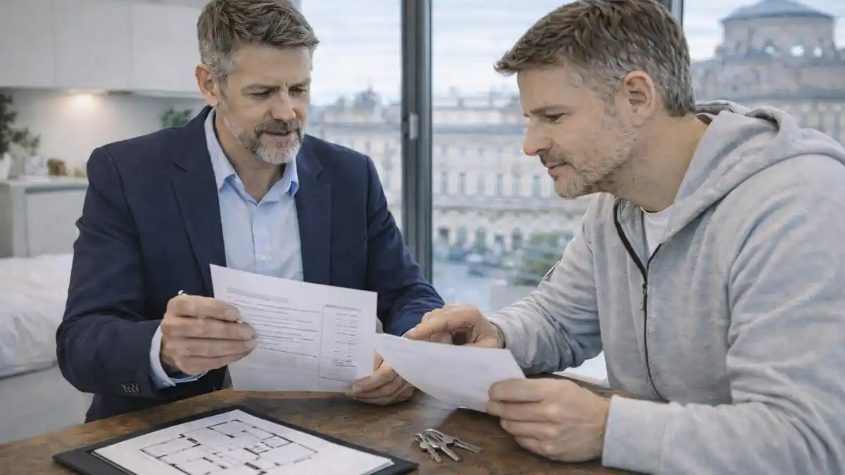 Проверка документов на недвижимость в Турине: консультант показывает план и выписку, спокойная деловая атмосфера