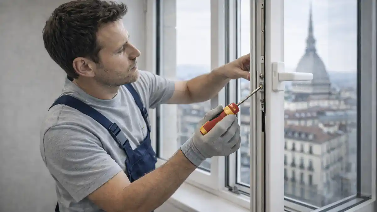 Регулировка фурнитуры окна в Турине, мастер настраивает прижим и петли створкиСветлая квартира в Турине, мастер 30-45 лет в нейтральной одежде без логотипов аккуратно регулирует окно