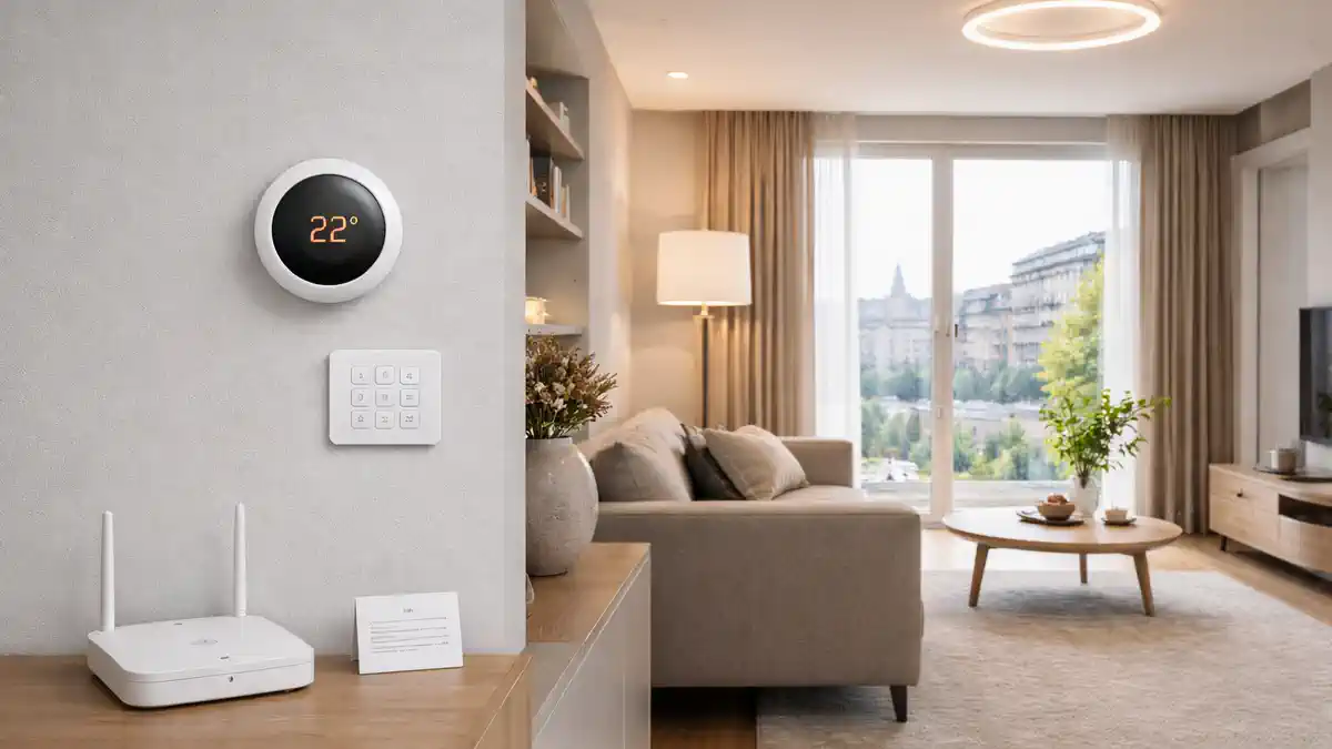 Умный дом в Турине для аренды - свет, розетки и контроль энергии Современная гостиная в Турине с мягким светом, на стене термостат, на тумбе умная кнопка сцен и роутер, аккуратный интерьер