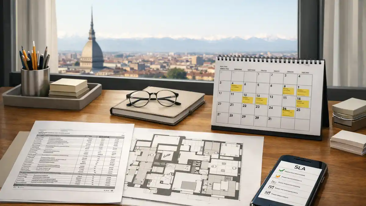 Смета и логистика комплектации в Турине, план сроков и чек-лист SLA Рабочий стол менеджера комплектации: распечатанная смета по позициям, план подъезда и лифта, календарь с окнами доставки, смартфон с чек-листом