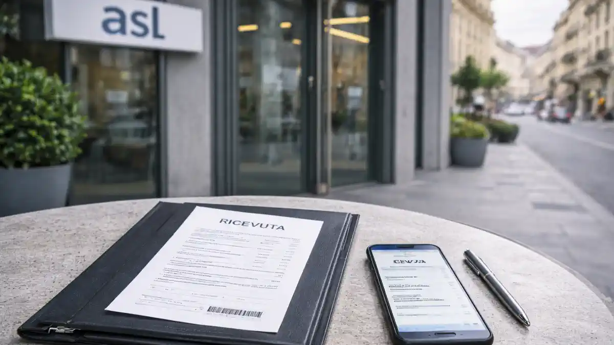 Сопровождение в ASL в Турине: запись на анализы и документы входа в современный медицинский центр в Турине: папка документов без читаемого текста, талон записи и телефон с размытым экраном, спокойная деловая атмосфера.