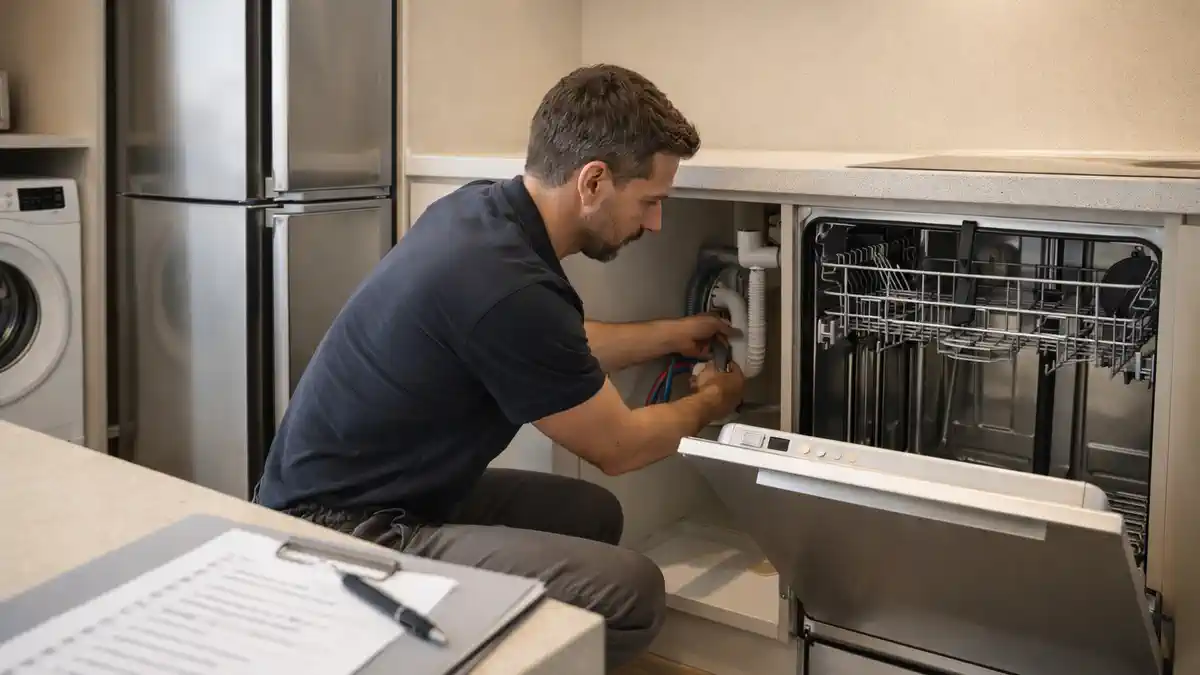 Установка бытовой техники для аренды в Турине под ключ Современная кухня в Турине, мастер подключает посудомойку и проверяет шланги, рядом установлен холодильник и стиральная машина, дневной свет, аккуратный монтаж.